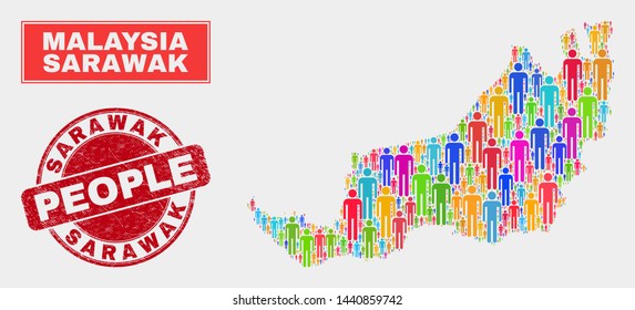 Demographic Sarawak State map abstraction. People color mosaic Sarawak State map of crowd, and red round textured watermark. Vector composition for national group report.
