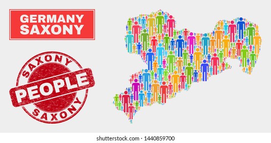 Demographic Saxony Land map illustration. People bright mosaic Saxony Land map of men, and red round textured seal. Vector combination for national mass representation.
