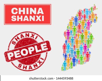 Demographic Shanxi Province map illustration. People bright mosaic Shanxi Province map of persons, and red round dirty seal. Vector collage for nation mass representation.