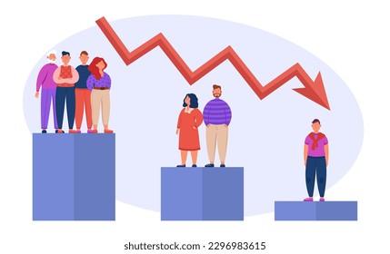 Demographic shift chart vector illustration. Birth rate decrease on diagram, extended family to one child family on white background. Demographic decline, population concept