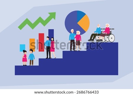 Demographic Shift and Population Aging with Different Generations on a Financial Growth Chart 2d flat vector illustration