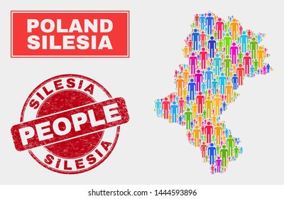 Demographic Silesian Voivodeship map abstraction. People colorful mosaic Silesian Voivodeship map of guys, and red round dirty watermark. Vector composition for national public representation.