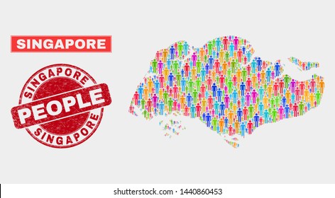 Demographic Singapore map abstraction. People bright mosaic Singapore map of crowd, and red round rubber stamp. Vector collage for population mass report.