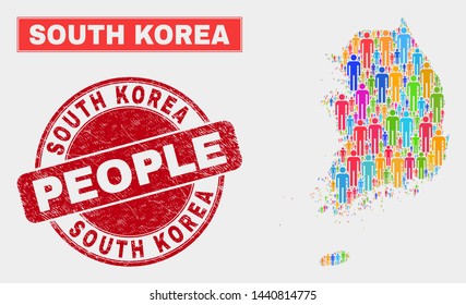 Demographic South Korea map illustration. People color mosaic South Korea map of persons, and red rounded textured stamp seal. Vector combination for national mass report.
