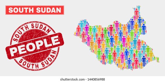 Demographic South Sudan map abstraction. People colorful mosaic South Sudan map of persons, and red round dirty watermark. Vector composition for nation mass report.