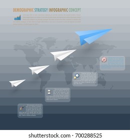 Demographic Strategy Infographic Concept With Origami Paper Plane Style On Layer Step Background. Include Flat Icons Set Rocket, Hourglass, Gear And Target.