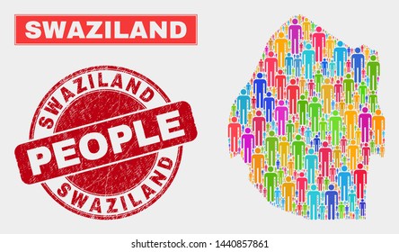 Demographic Swaziland map abstraction. People bright mosaic Swaziland map of crowd, and red round dirty seal. Vector combination for population mass representation.