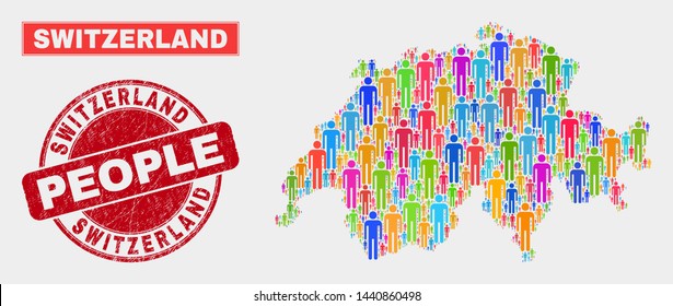 Demographic Switzerland map abstraction. People bright mosaic Switzerland map of crowd, and red round grunge stamp seal. Vector combination for population community presentation.