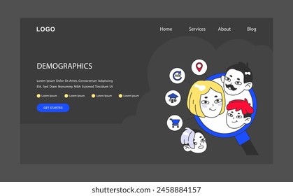 Demographic targeting concept. Detailed analysis of age, location, and interests for audience segmentation. Marketing focus with a human touch. Flat vector illustration.