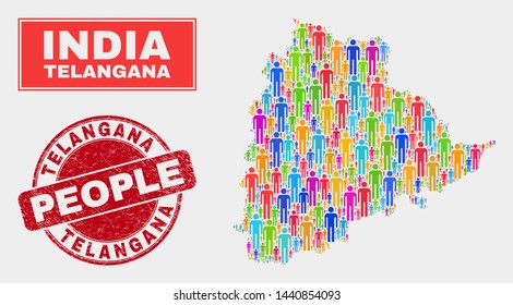 Demographic Telangana State map abstraction. People color mosaic Telangana State map of humans, and red rounded rubber stamp. Vector collage for national public report.