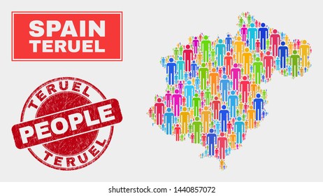 Demographic Teruel Province map abstraction. People color mosaic Teruel Province map of humans, and red rounded textured stamp. Vector composition for population mass report.