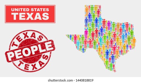 Demographic Texas State map illustration. People colorful mosaic Texas State map of men, and red rounded grunge watermark. Vector collage for national audience presentation.