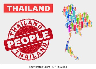 Demographic Thailand map illustration. People color mosaic Thailand map of humans, and red round unclean watermark. Vector combination for national community plan.