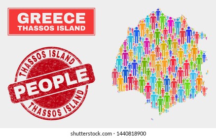 Demographic Thassos Island map abstraction. People bright mosaic Thassos Island map of persons, and red round scratched stamp. Vector composition for nation group plan.