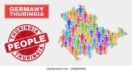 Demographic Thuringia Land map illustration. People colorful mosaic Thuringia Land map of humans, and red round dirty watermark. Vector collage for population audience representation.