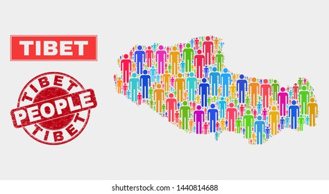 Demographic Tibet map illustration. People bright mosaic Tibet map of humans, and red rounded unclean stamp seal. Vector combination for national public report.