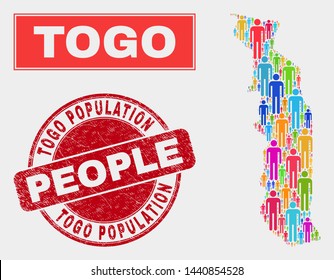 Demographic Togo map illustration. People color mosaic Togo map of men, and red round corroded watermark. Vector composition for population community presentation.