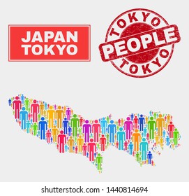 Demographic Tokyo Prefecture map abstraction. People bright mosaic Tokyo Prefecture map of humans, and red rounded dirty stamp. Vector composition for population audience plan.