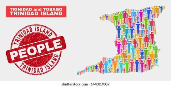 Demographic Trinidad Island map abstraction. People color mosaic Trinidad Island map of men, and red round dirty watermark. Vector composition for population mass representation.