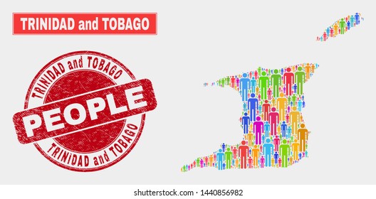 Demographic Trinidad and Tobago map abstraction. People colorful mosaic Trinidad and Tobago map of crowd, and red rounded dirty seal. Vector composition for population mass representation.