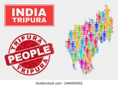 Demographic Tripura State map abstraction. People bright mosaic Tripura State map of guys, and red rounded unclean stamp. Vector composition for nation public representation.