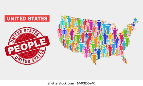 Demographic United States map illustration. People color mosaic United States map of men, and red round unclean stamp. Vector composition for national group presentation.