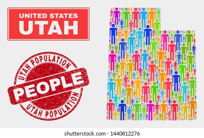 Demographic Utah State map abstraction. People bright mosaic Utah State map of persons, and red round unclean seal. Vector combination for national public report.