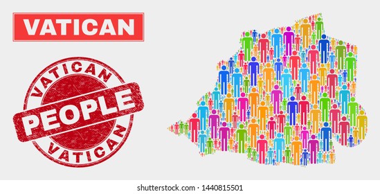 Demographic Vatican map abstraction. People bright mosaic Vatican map of men, and red round grunge stamp. Vector combination for national mass representation.