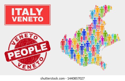 Demographic Veneto region map abstraction. People bright mosaic Veneto region map of humans, and red rounded unclean watermark. Vector collage for nation public representation.