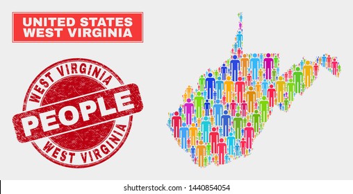 Demographic West Virginia State map abstraction. People bright mosaic West Virginia State map of men, and red round rubber stamp. Vector combination for national public report.