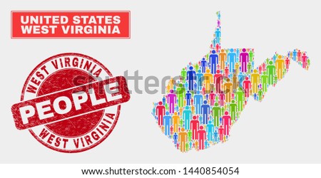 Demographic West Virginia State map abstraction. People bright mosaic West Virginia State map of men, and red round rubber stamp. Vector combination for national public report.