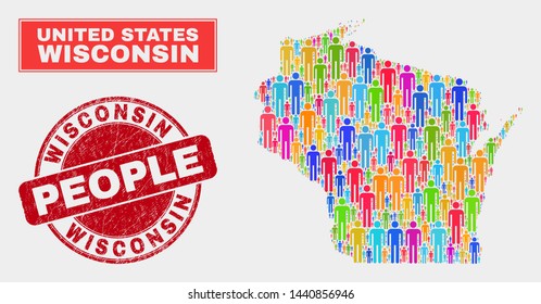 Demographic Wisconsin State map abstraction. People bright mosaic Wisconsin State map of men, and red rounded dirty stamp seal. Vector composition for population group plan.