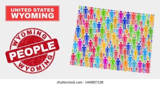 Demographic Wyoming State map illustration. People color mosaic Wyoming State map of persons, and red rounded grunge stamp seal. Vector combination for population community report.