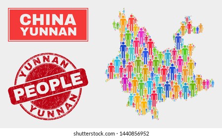 Demographic Yunnan Province map illustration. People bright mosaic Yunnan Province map of guys, and red rounded unclean stamp seal. Vector composition for national group report.