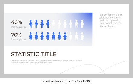 Demographical statistics presentation slide template. Data storytelling asset. Group percentage. Information horizontal layout. Landscape flyer design. Multipurpose page with abstract background