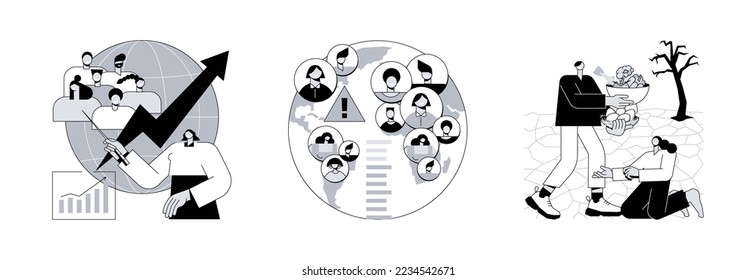 Demographics abstract concept vector illustration set. Population growth, overpopulation, starvation and malnutrition, human quantity growth, hunger and lack of food, urbanization abstract metaphor.