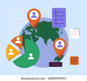 Concepto de análisis demográfico. Gráficos y gráficos junto a planeta. Estadísticas e infografías, visualización de datos. Porcentaje de audiencia. Ilustración vectorial plana aislada sobre fondo azul