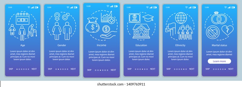 Demographics blue gradient onboarding mobile app page screen vector template. Social characteristics walkthrough website steps with linear illustrations. UX, UI, GUI smartphone interface concept