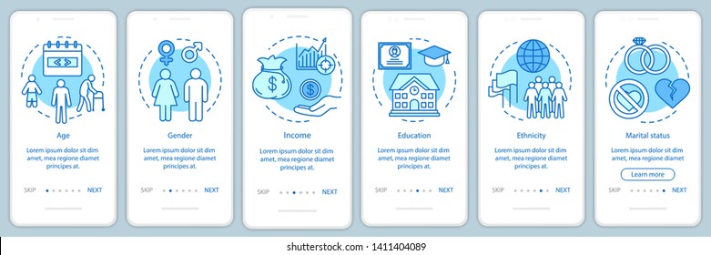 Demographics  blue gradient onboarding mobile app page screen vector template. Social characteristics walkthrough website steps with linear illustrations. UX, UI, GUI smartphone interface concept