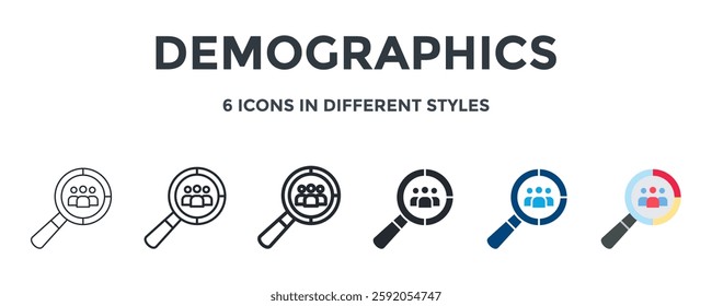 Demographics Icon In Different Style Vector Illustration. Designed In Thin Line, Regular Line, Bold Line, Glyph, Color Fill, And Flat Style Can Be Used For Web