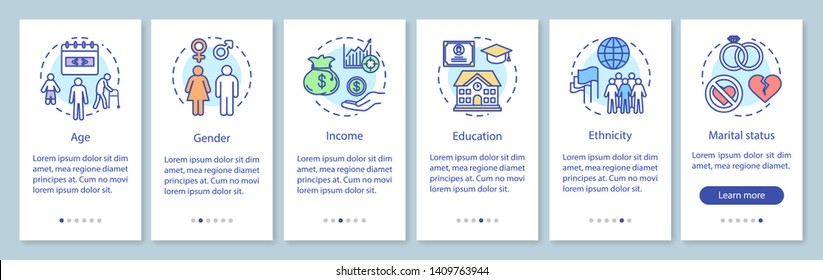 Demographics onboarding mobile app page screen with linear concepts. Audience segmentation walkthrough steps graphic instructions. UX, UI, GUI vector template with illustrations