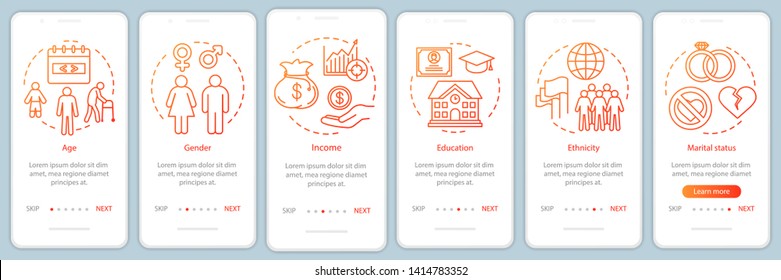 Demographics orange gradient onboarding mobile app page screen vector template. Personality assessment walkthrough website steps with linear illustrations. UX, UI, GUI smartphone interface concept