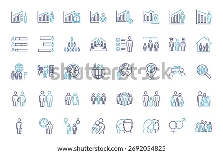 Demographics and population icon set. Thin line editable stroke icons for statistics, census, family, diversity, gender, education, employment, migration, and social research.