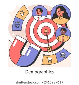 Demographics targeting concept. Precision marketing illustrated with diverse personas and segmentation tools. Strategic audience focus for effective reach. Flat vector illustration.