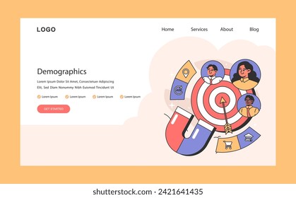 Demographics targeting concept. Precision marketing illustrated with diverse personas and segmentation tools. Strategic audience focus for effective reach. Flat vector illustration.