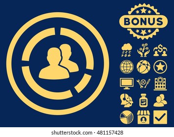 Demography Diagram icon with bonus. Vector illustration style is flat iconic symbols, yellow color, blue background.
