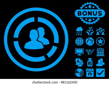 Demography Diagram icon with bonus. Vector illustration style is flat iconic symbols, blue color, black background.