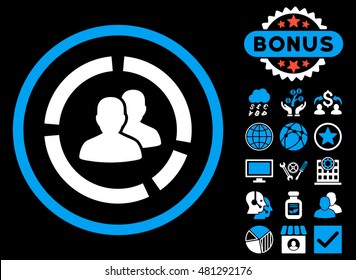 Demography Diagram icon with bonus. Vector illustration style is flat iconic bicolor symbols, blue and white colors, black background.