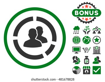 Demography Diagram icon with bonus. Vector illustration style is flat iconic bicolor symbols, green and gray colors, white background.