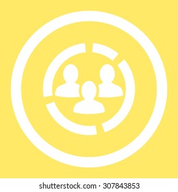 Demography diagram vector icon. This rounded flat symbol is drawn with white color on a yellow background.
